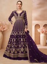 Chinnon Silk Purple Bridal Wear Embroidery Work Readymade Anarkali Suit